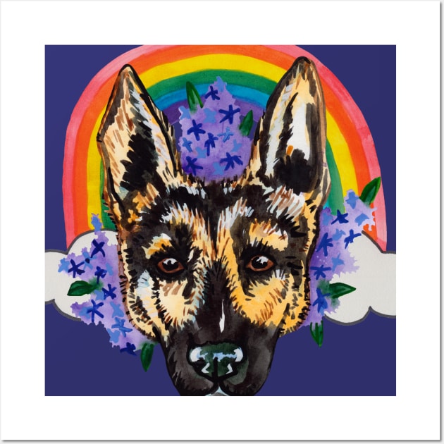 German shepherd with flowers and rainbow Wall Art by deadblackpony